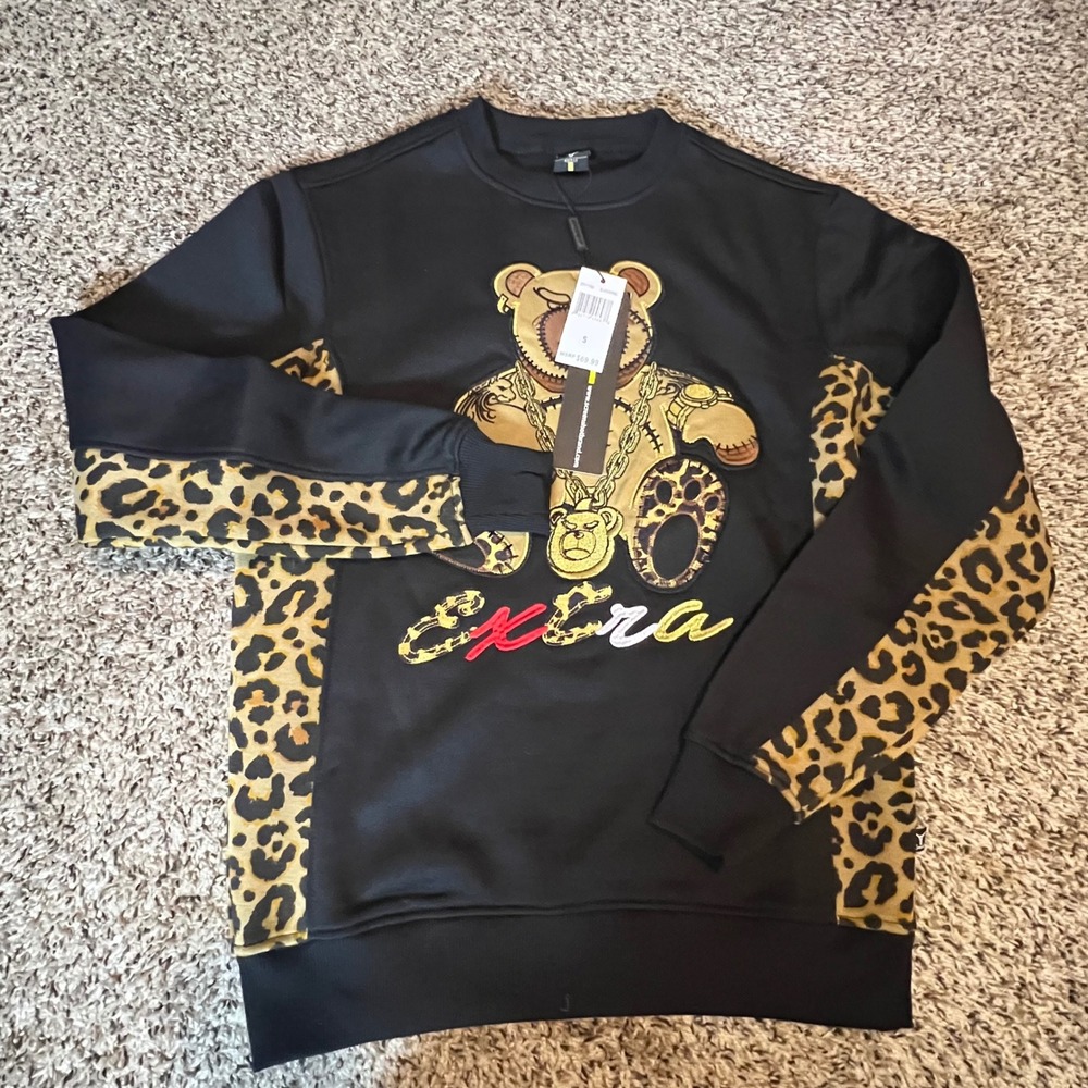 Screenshot Brand Men Small Black Leopard Teddy Bear Extra Graphic Sweatshirt NWT
